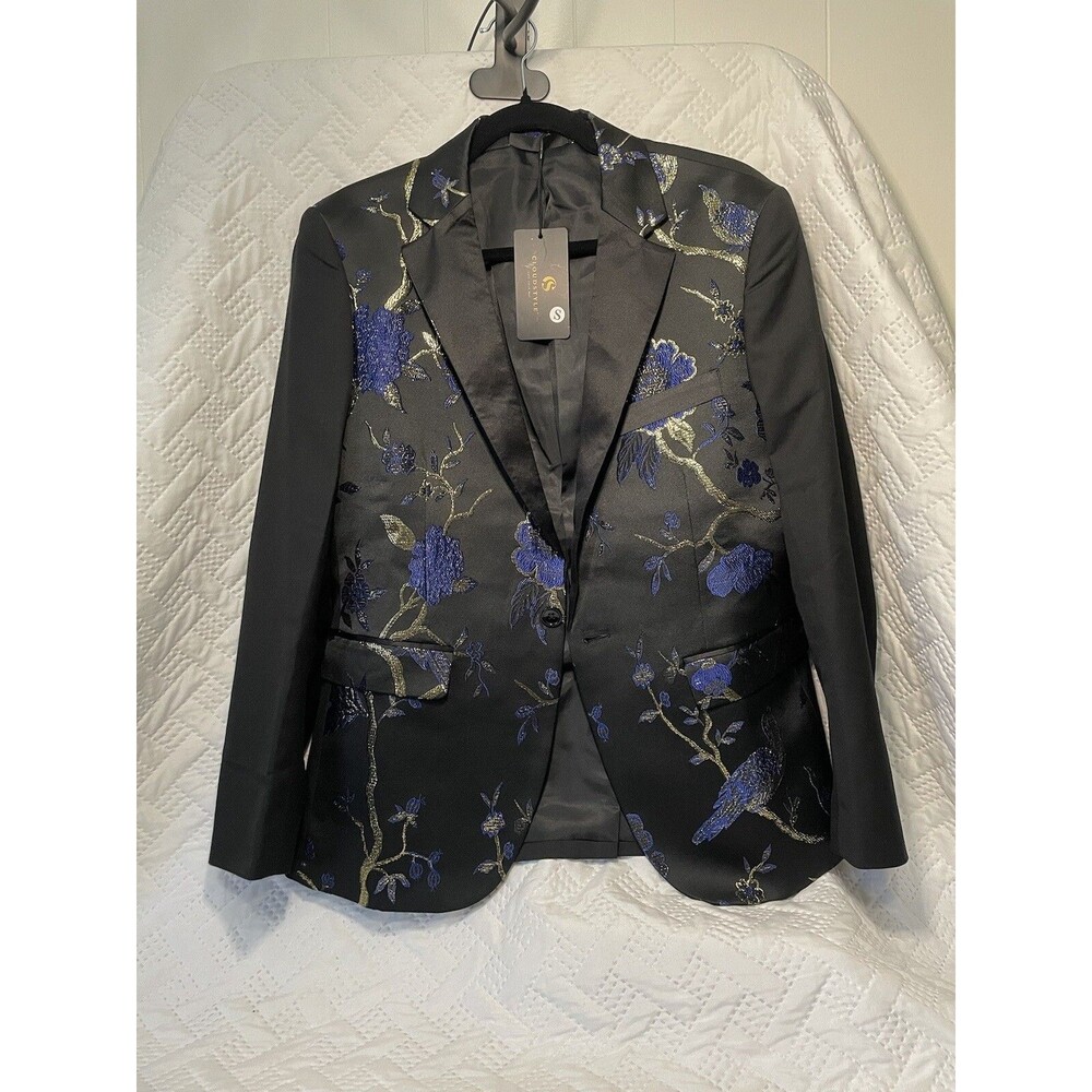 Cloudstyle Men's Dinner Jacket Blue and Gold Embroidered On Silky Black Sz Small